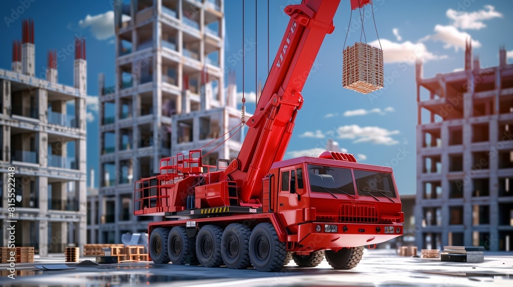 Cherry Red Mobile Crane Lifting Materials at a High-Rise Site