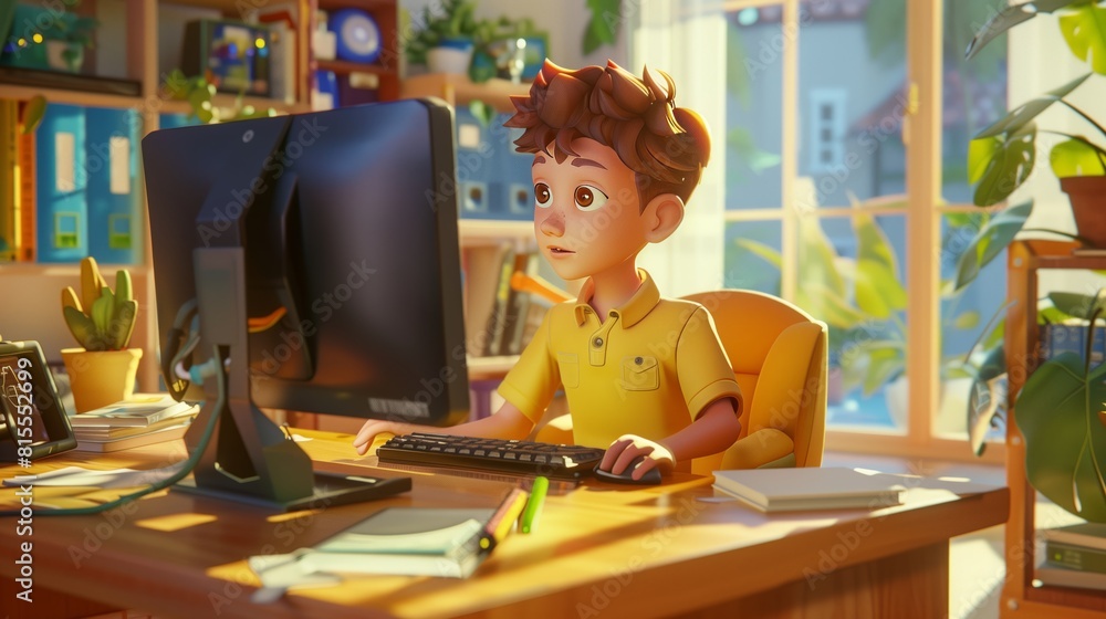 cute boy sitting in front of a computer in a yellow book room