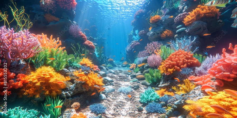 Naklejka premium An underwater virtual meditation retreat with serene digital coral reefs hosting calming underwater yoga sessions for marine wildlife