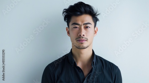 Asian man posing against white backdrop