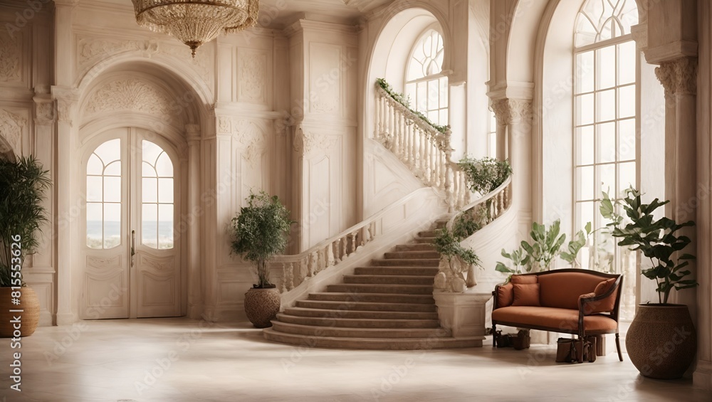 Interior design of mediterranean style entrance hall with door and staircase. Created with generative AI