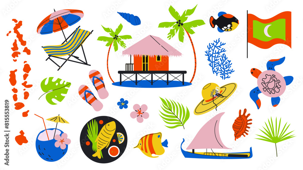 Travel to Maldives sticker set. Doodle elements Turtle, map of Maldives, Maldivian food, water house, boat, fish. Vector Illustration. Travel to Maldives sticker set. Doodle elements Turtle, map of Maldives, Maldivian food, water house, boat, fish. Vector Illustration.