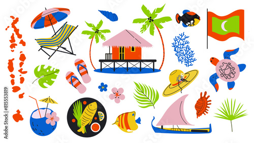 Travel to Maldives sticker set. Doodle elements Turtle, map of Maldives, Maldivian food, water house, boat, fish. Vector Illustration. photo