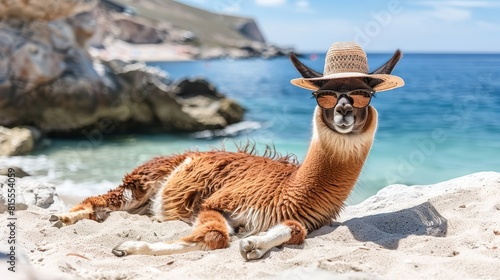 Llama relaxing in sunglasses and hat on beach   vacation enjoyment concept with space for text photo