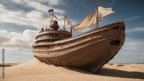 Legendary Pirate Ship The Sandworm A massive sand-colored pirate ship in the ocean. The hull resembles the scaled body of a sandworm, with its maw forming the prower photo