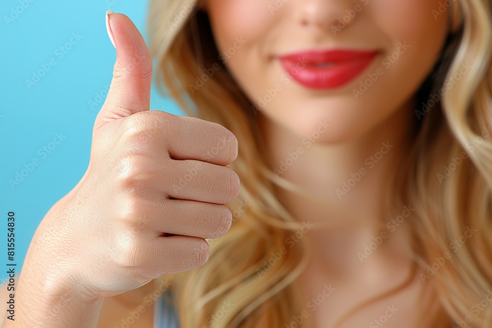 Close up of a woman s hand giving a thumbs up gesture to express approval or liking Close up of a woman s hand giving a thumbs up gesture to express approval or liking