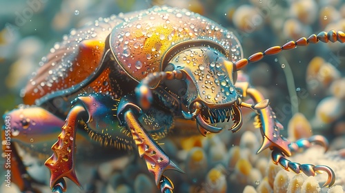 Behold the surreal charm of a close-up shot of a metallic-hued beetle, its reflective exoskeleton gleaming like molten metal in the sunlight.