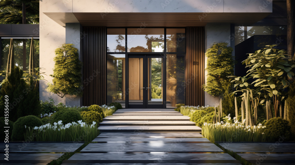 Modern mansion entrance with a door open