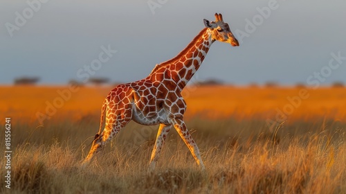 Reticulated giraffe  Giraffa reticulata  crossing the savannah against a blue sky with golden light Segera 