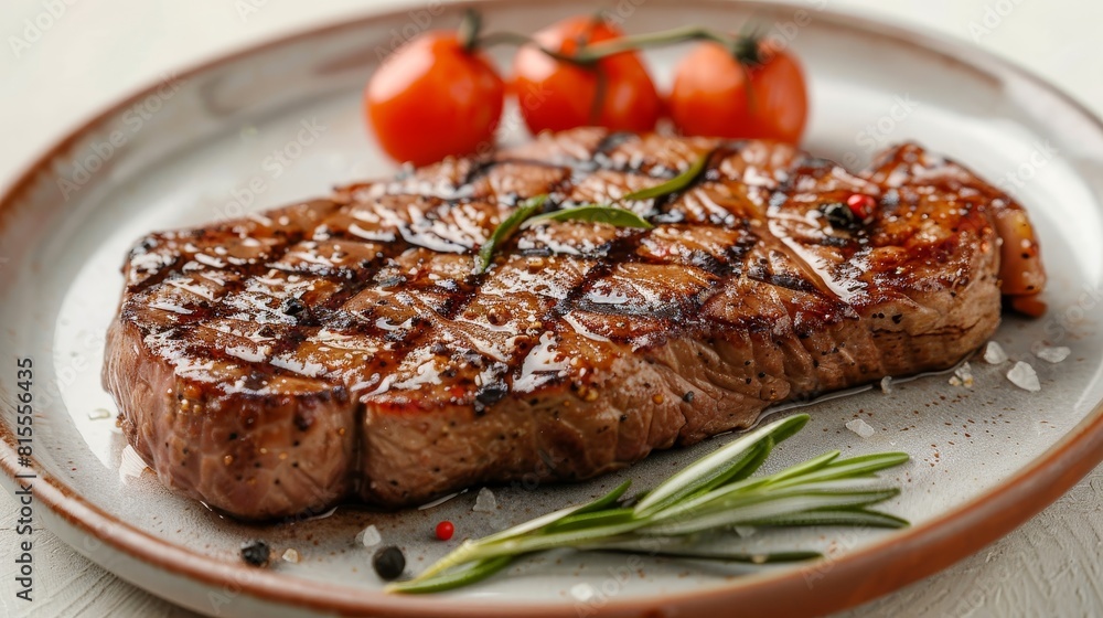 Detailed shot of a gourmet pork steak on a decorated plate, highlighting the juicy texture and perfect sear, ideal for advertising, isolated background Detailed shot of a gourmet pork steak on a decorated plate, highlighting the juicy texture and perfect sear, ideal for advertising, isolated background