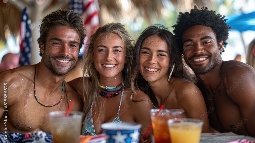 Happy friends laughing at an outdoor party, celebrating the summer and American national holiday with drinks on a table covered in the style of the flag of USA. Portrait of diverse young people Happy friends laughing at an outdoor party, celebrating the summer and American national holiday with drinks on a table covered in the style of the flag of USA. Portrait of diverse young people