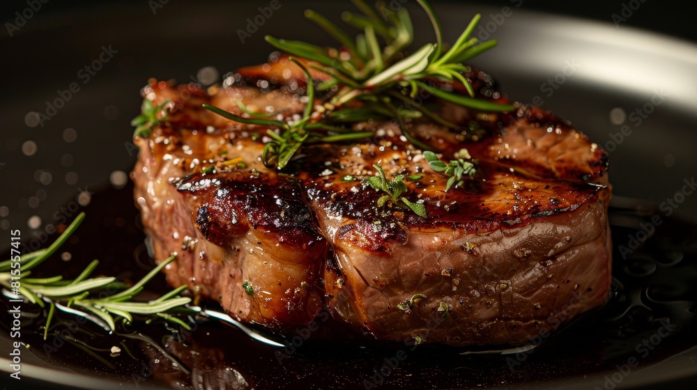 Detailed shot of a finely cooked pig steak, elegantly plated, highlighting the juicy details with studio lighting on an isolated background Detailed shot of a finely cooked pig steak, elegantly plated, highlighting the juicy details with studio lighting on an isolated background