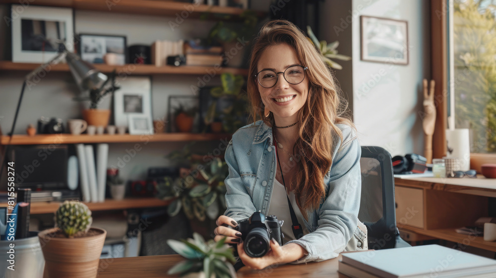 Portrait of happy smiling female photographer sitting at a desk and holding a camera in a modern office studio.