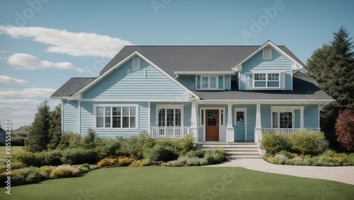 pale blue house with siding on a large lot with traditional windows and shutters in a subdivision in the suburbs on a bright sunny blue sky day 8k,