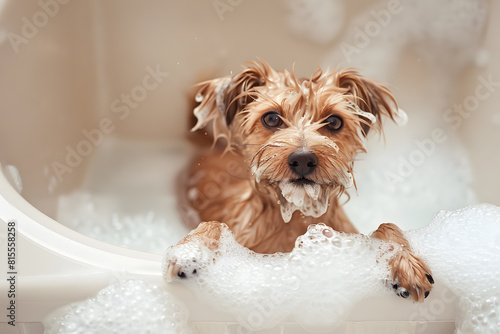 Adorable puppy enjoying bubble bath