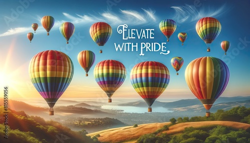 Colorful Pride Day Hot Air Balloons Soaring Above Scenic Landscape