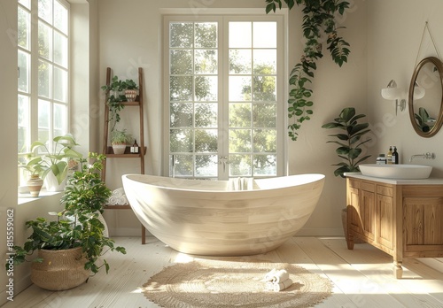 Warm and inviting bathroom with a wooden bathtub and sunlit plants