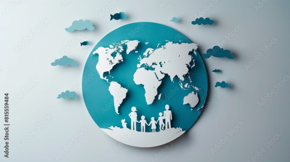 Paper cut family figures holding hands around the globe, symbolizing unity, global community, and environmental care. Paper cut family figures holding hands around the globe, symbolizing unity, global community, and environmental care.