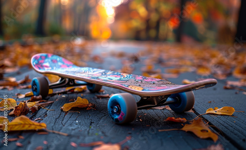 Skateboard on the street with autumn leaves