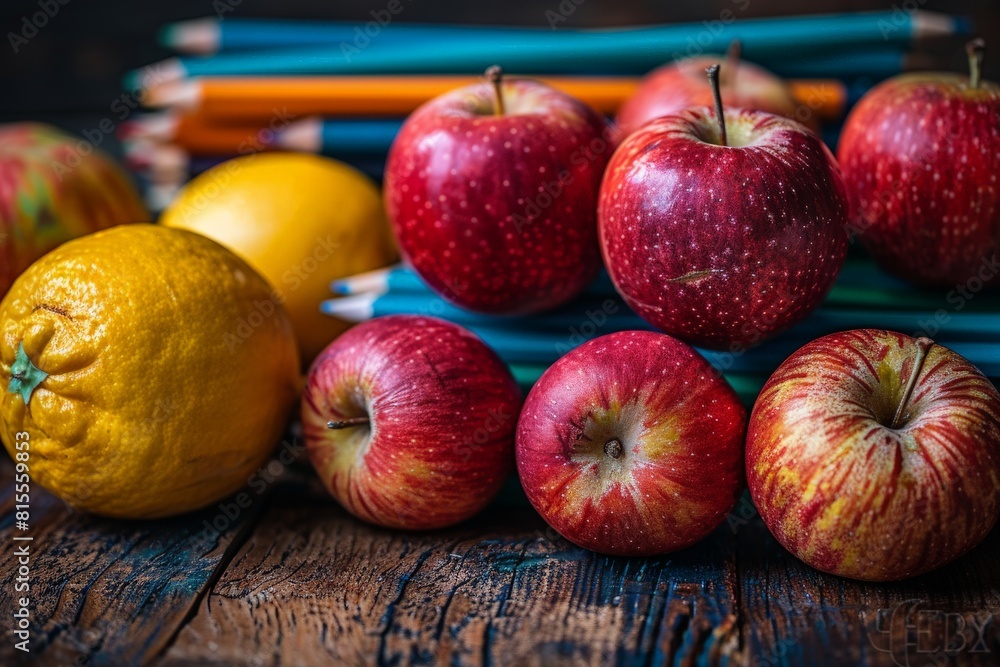Fresh red apples and yellow lemons arranged on rustic wooden surface with pencils in background Fresh red apples and yellow lemons arranged on rustic wooden surface with pencils in background