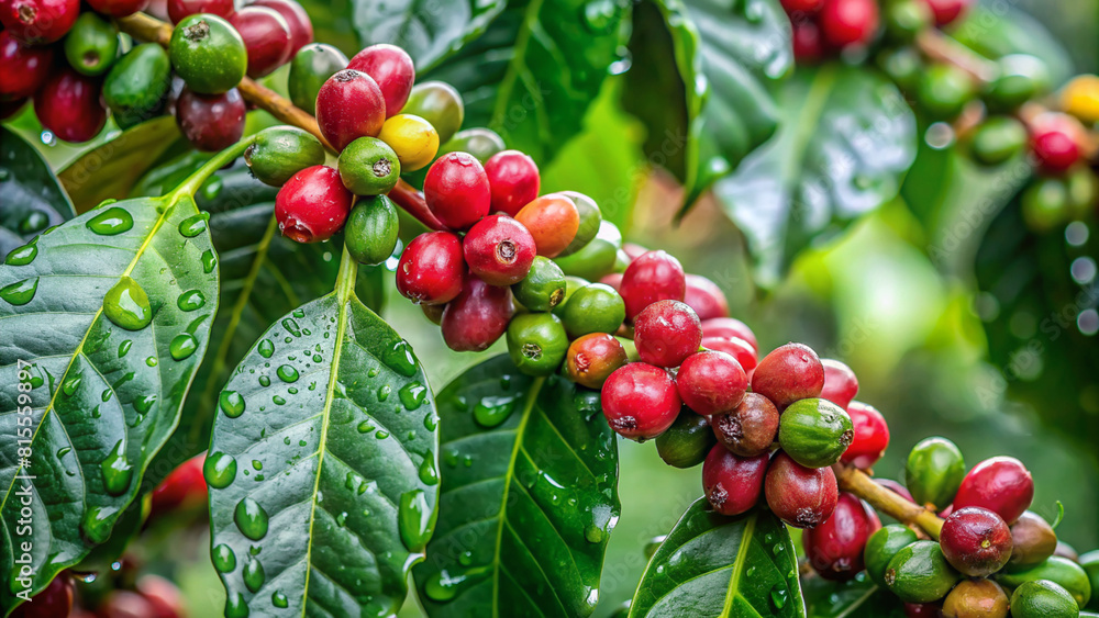 Fresh Coffee Berries on a Coffee Plant, a coffee tree plant covered in water droplets. Fresh Coffee Berries on a Coffee Plant, a coffee tree plant covered in water droplets.