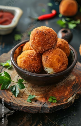 Deep fried arancini balls on rustic background - traditional Italian cuisine. Stuffed rice balls. photo