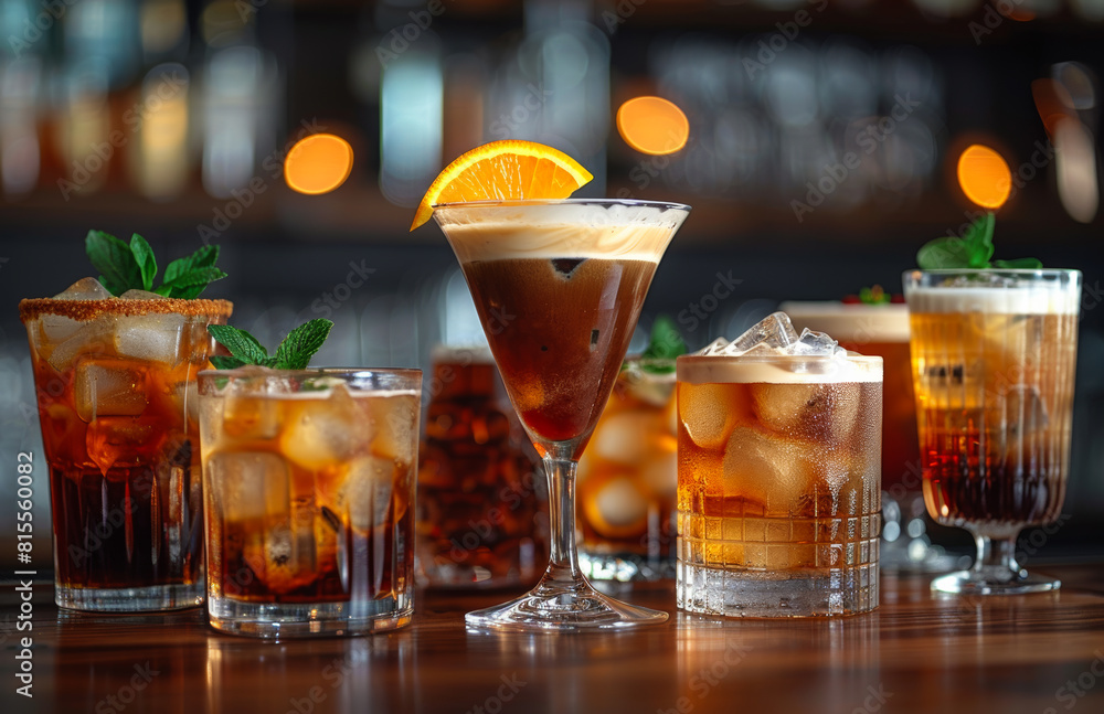 Variety of alcoholic cocktails on the bar Variety of alcoholic cocktails on the bar