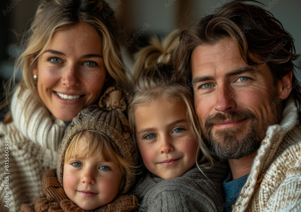 Portrait of happy family in warm clothing at home in the winter Portrait of happy family in warm clothing at home in the winter