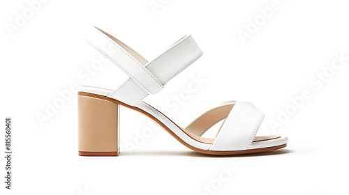 A white leather sandal with a block heel and straps that cross over the toes and ankle.

 photo