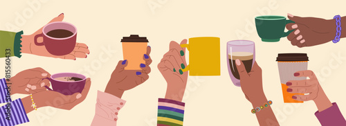 coffee, hand, holding, woman, set, girl, cup, holds, cappuccino, latte, morning, drink, beverage, breakfast, take, hot, illustration, flat, vector, isolated, background, cartoon, female, finger, espre
