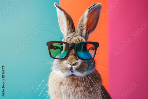 Stylish rabbit in sunglasses on colorful background