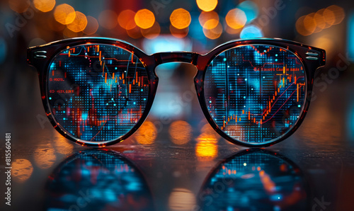 Glasses with stock market graph and blurred lights in the background © Vadim