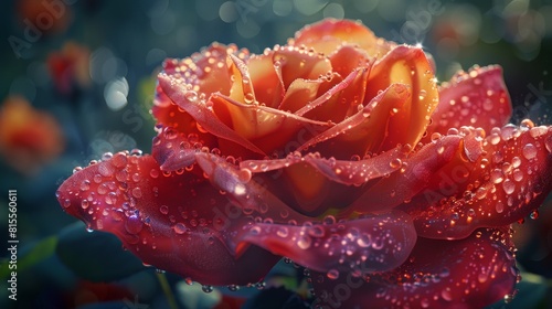 Red rose with morning dew on the petals.