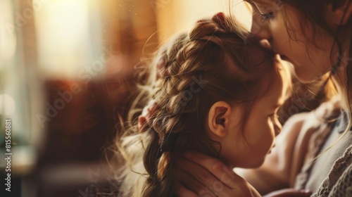A mother lovingly brushes her daughter's hair in a warm sunlit living room. photo