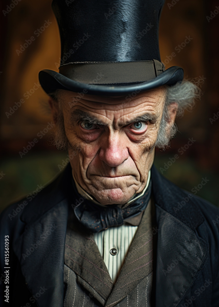 Serious man wearing suit and top hat. Ai Generative