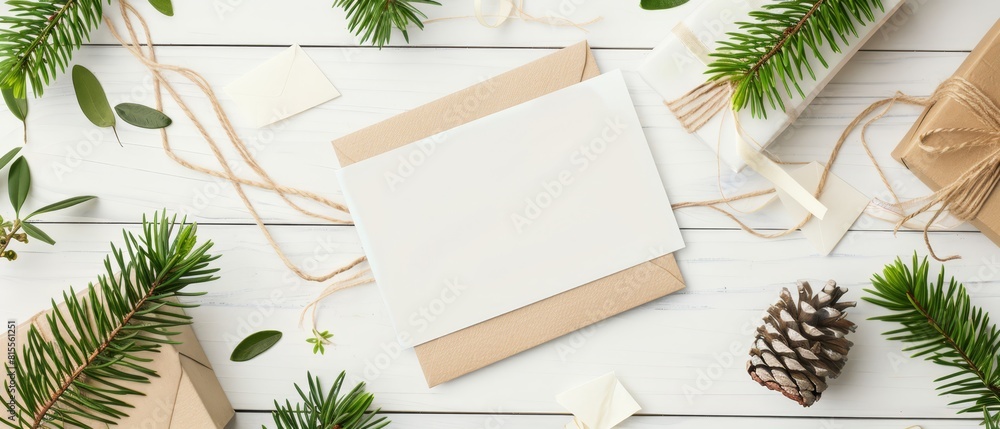 Birthday card mockup scene with a flat lay of green botanicals and a white envelope on a light wooden surface, copy space included, Birthday card mockup scene with a flat lay of green botanicals and a white envelope on a light wooden surface, copy space included,