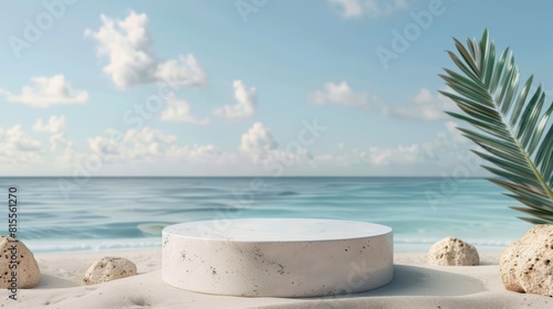 3D rendered summer beach podium with clear sky background, perfect for showcasing vacation products, © FoxGrafy