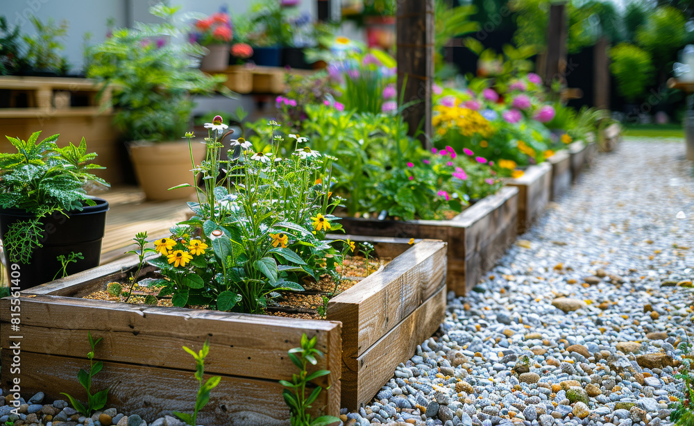 Wooden flower boxes and pebbles in garden Wooden flower boxes and pebbles in garden