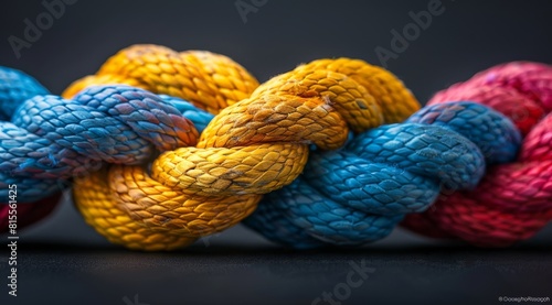 Vivid and colorful knot of ropes close-up symbolizing strength and connection