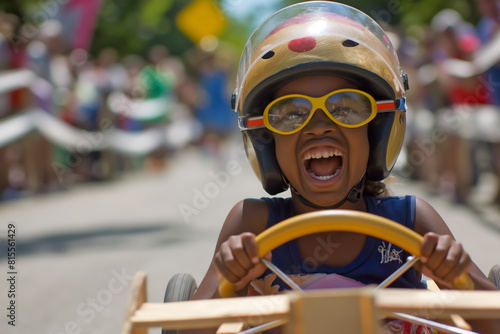 Young girl driving a go-kart on a street, AI-generated.