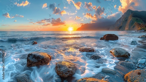 Sunset along a rocky coast near Haast South Island New Zealand Generative AI photo