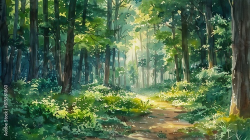The photo shows a beautiful forest with a path leading through it. The trees are tall and green  and the sunlight is shining through them.