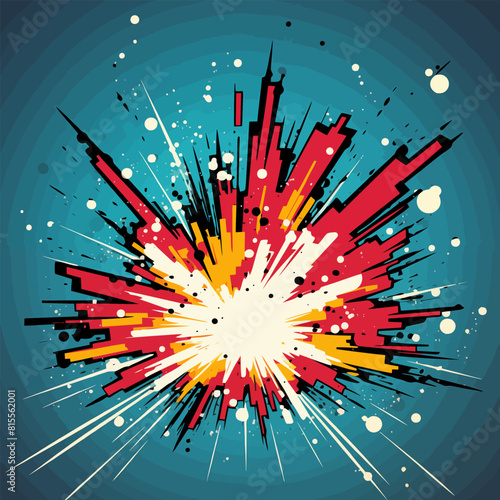 Vector illustration of a vibrant comic-style explosion with a multitude of colors bursting from the center on a teal circular background.
