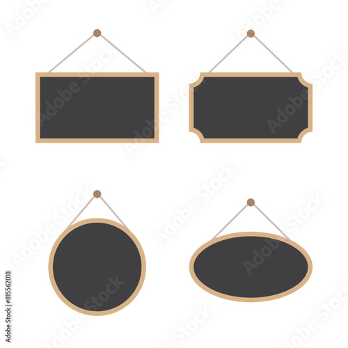 Set of blank wooden blackboard hanging sign. Flat vector illustration.	