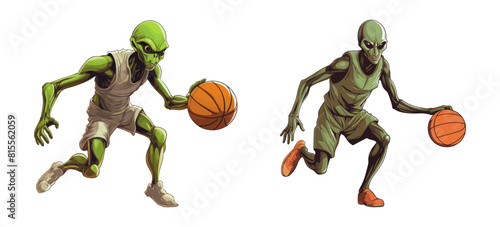 Vector Illustration of Aliens Playing Basketball in Action.