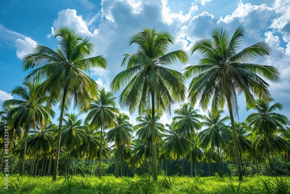 Obraz premium Palm Tree Forest in Tropical Paradise: Lush greenery with clear blue skies