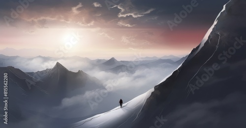 mountaineer bravely climbing snowy peaks, embarking on an extreme winter trek adventure. This concept art evokes the spirit of exploration and survival challenge in a harsh environment