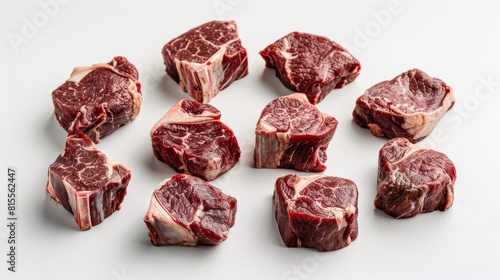 Close-up view of assorted goat steak cuts, each showing unique marbling and texture, emphasizing suitability for various flavor preferences, isolated background