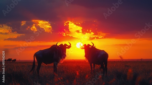 Two blue wildebeest  stand silhouetted at sunset Serengeti  Tanzania Generative AI