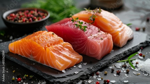 Close-up showcasing the variety and premium quality of fish steaks, focusing on texture and suitability for diverse recipes, isolated background